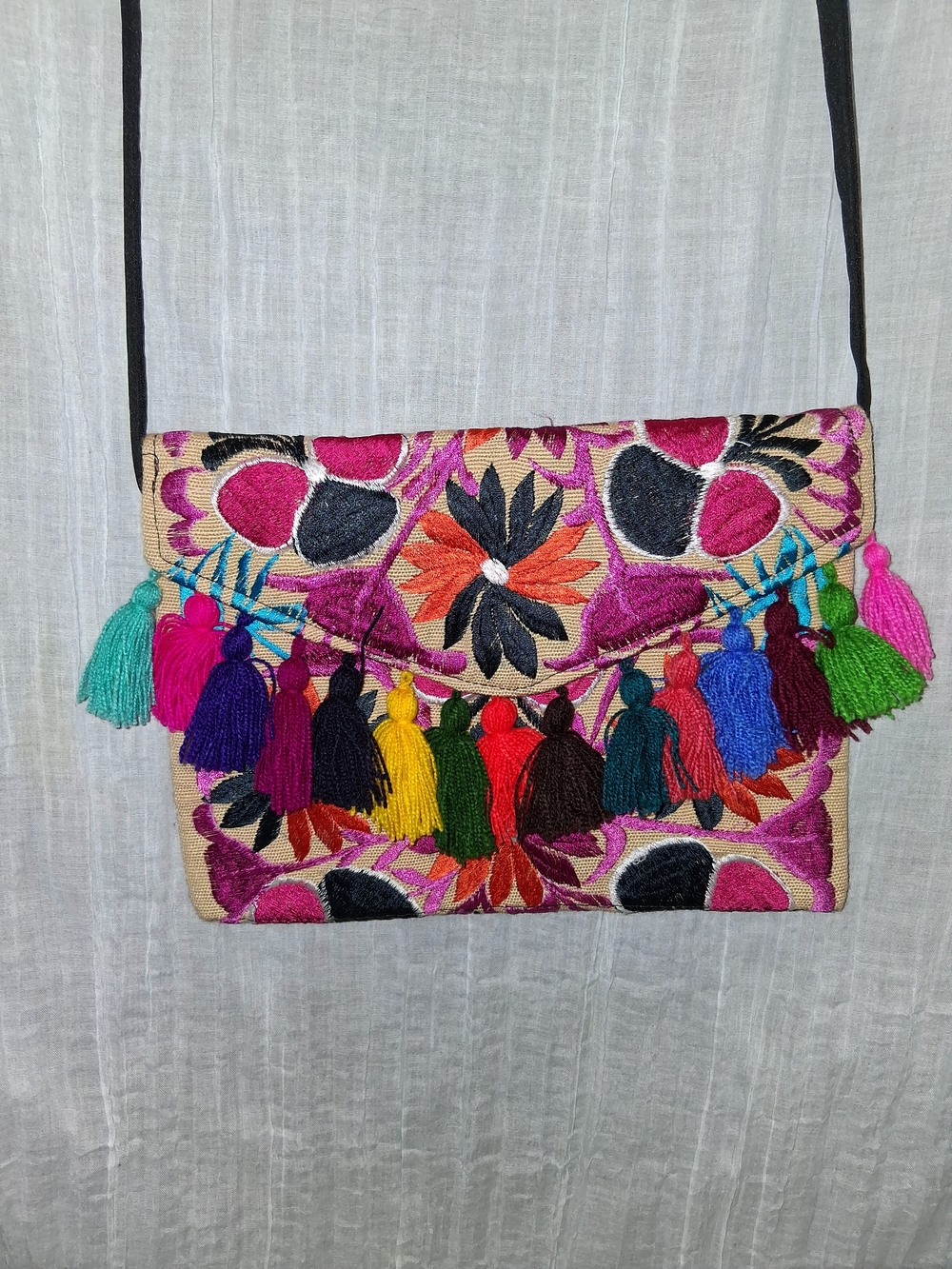 Multicolor Embroidered Tassel Crossbody Bag